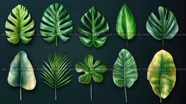 palm tropical leaves set ai generated. Стоковое AI-изображение, AI-художник Vectorwin / Фотобанк Лори
