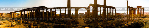 Panorama of Palmyra columns, Decumanus, Tetrapylon, ancient city, destroyed (2011 год). Стоковое фото, фотограф Сергей Майоров / Фотобанк Лори