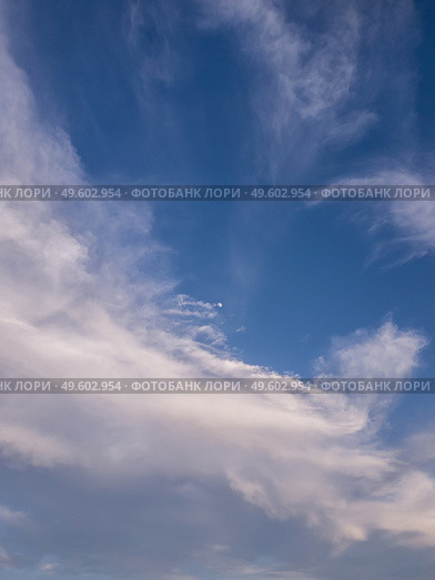 Panoramic cloudscape scene over the blue sky. Fluffy white clouds aerial composition. Misty overcast cumulus shapes, abstract nebula textures. Air fresheners, celestial beauty, vertical background. Стоковое фото, агентство Ingram Publishing / Фотобанк Лори