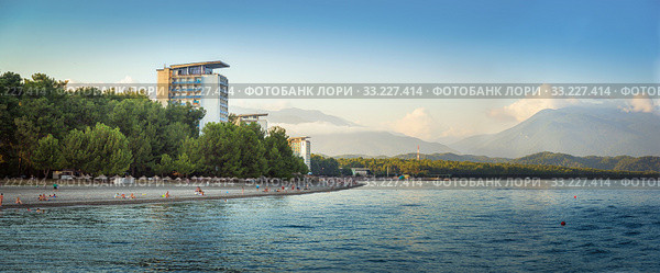 Панорамный вид курорта Пицунда в Абхазии. Panoramic view of Pitsunda resort. Abkhazia - August 28, 2019. Стоковое фото, фотограф Игорь Струков / Фотобанк Лори