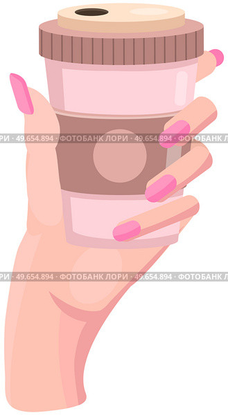 Paper cup with hot, invigorating drink. Take away coffee, beverage to go vector illustration. Woman s hand holding cup of aromatic hot coffee, espresso. Strong drink, arabica, robusta take away. Paper cup with hot, invigorating drink. Take away coffee, beverage to go, aromatic arabica, robusta. Стоковая иллюстрация, агентство Ingram Publishing / Фотобанк Лори