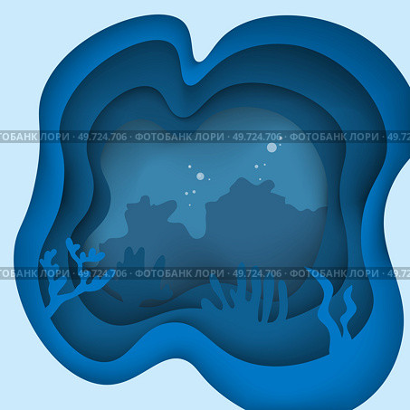 Paper cut underwater ocean cave with fishes, coral reef, seabed in algae, waves. Diving concept, deep blue marine life. Vector sea wildlife. Decorative design in abstract style with undersea scene. Paper cut underwater ocean cave with fishes, coral reef, seabed in algae, waves. Diving concept. Стоковая иллюстрация, агентство Ingram Publishing / Фотобанк Лори