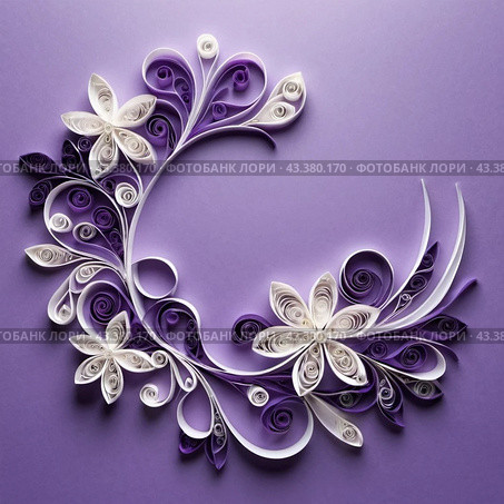Paper flowers crafted using the quilling technique. The flowers are in shades of purple and white and are arranged in a circular pattern on a lavender background. Frame with copy space. AI generated. Стоковое AI-изображение, AI-художник Юлия Петровская / Фотобанк Лори