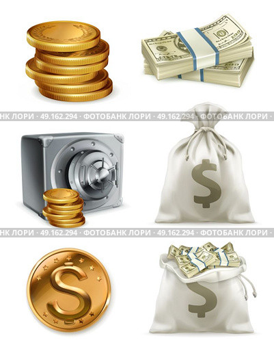Paper money and gold coin, moneybag. 3d vector icon set. Стоковая иллюстрация, агентство Ingram Publishing / Фотобанк Лори