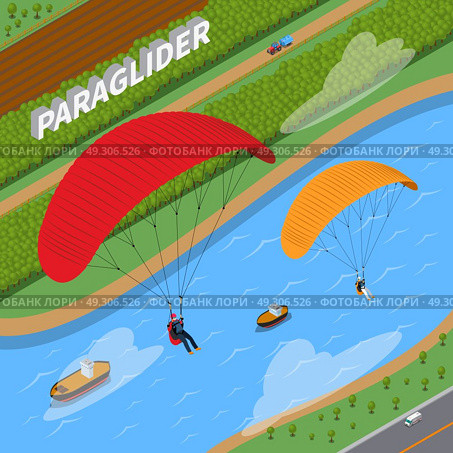 Paraglider Isometric Illustration. Flight on paraglider over river with boats and road with transportation in summertime isometric vector illustration . Стоковая иллюстрация, агентство Ingram Publishing / Фотобанк Лори