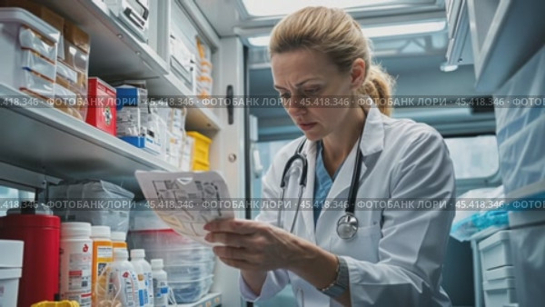 Paramedic reading instructions of medicine inside ambulance. Стоковое AI-видео, аниматор Юрий Поздников / Фотобанк Лори