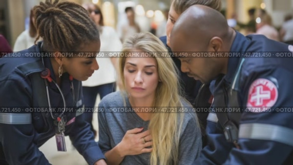 Paramedics assisting young woman experiencing chest pain in crowded area. Стоковое AI-видео, аниматор Юрий Поздников / Фотобанк Лори
