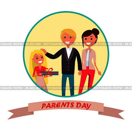 Parent day poster in round circle with happy family. Vector illustration of young daughter congratulating her cheerful mother and joyful father on occasion of Parents` Day. Parents’ Day Banner with Colourful Inscription. Стоковая иллюстрация, агентство Ingram Publishing / Фотобанк Лори
