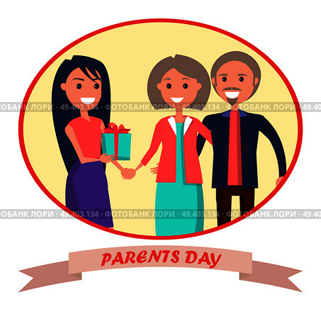 Parents’ Day banner showing happy family in round circle with inscription underneath. Vector illustration of adult daughter giving her mother and father present. Parents’ Day Banner Showing Happy Family. Стоковая иллюстрация, агентство Ingram Publishing / Фотобанк Лори