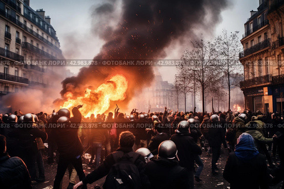 Paris demonstration chaos. Generate Ai. Стоковое AI-изображение, AI-художник Иван Рябоконь / Фотобанк Лори