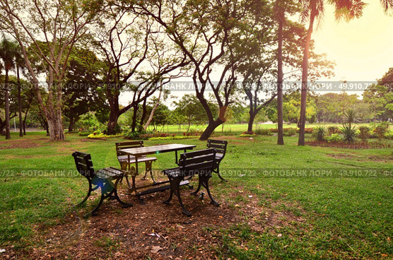 Park benches, nature resting benches in the evening. Стоковое фото, агентство Ingram Publishing / Фотобанк Лори