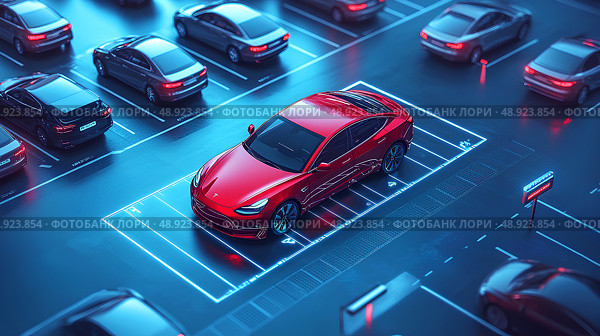 Парковка. Программ для управления парковкой легковых автомобилей. Современные технологии в автоматизации учета на автомобильных стоянках. Стоковое AI-изображение, AI-художник Щеголева Ольга / Фотобанк Лори