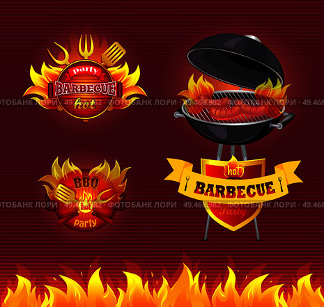 Party barbecue hot BBQ isolated vector. Frying pan and brazier with hot fire and cooking sausages on griddle. Spatula and fork cutlery and dishware. Party Barbecue Hot BBQ Set Vector Illustration. Стоковая иллюстрация, агентство Ingram Publishing / Фотобанк Лори