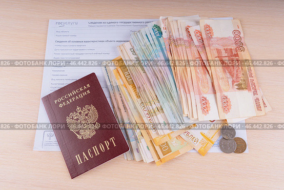 Паспорт РФ и наличные деньги лежат на выписке из единого государственного реестра. Стоковое фото, фотограф Ирина Старкова / Фотобанк Лори