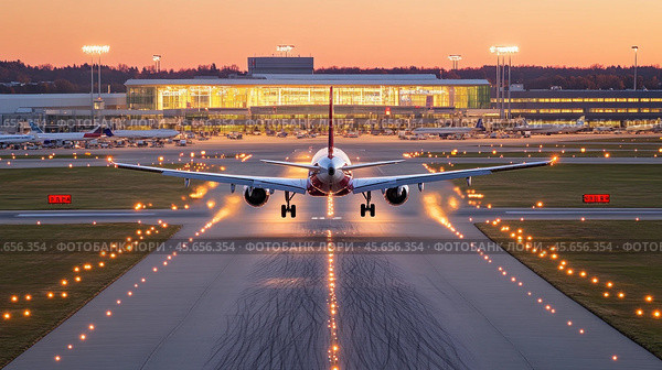Passenger airplane landing on runway at dusk with airport terminal in background. Стоковое AI-изображение, AI-художник Юрий Поздников / Фотобанк Лори
