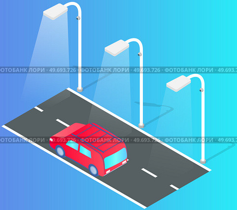 Passenger auto transport moves along road of city at night time. Vehicle for transporting people on crossroad. Automobile driving on highway of town. Red car on evening road lit by street lamps. Passenger auto transport moves along urban road of city at night time, city street lit by lanterns. Стоковая иллюстрация, агентство Ingram Publishing / Фотобанк Лори