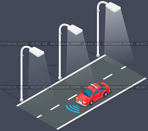 Passenger auto transport moves along road of city at night time. Vehicle for transporting people on crossroad. Automobile driving on highway of town. Red car on evening road lit by street lamps. Passenger auto transport moves along road of city at night time. Vehicle for transporting people. Стоковая иллюстрация, агентство Ingram Publishing / Фотобанк Лори