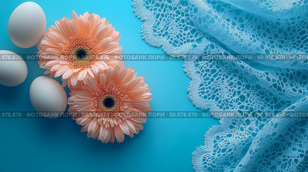 Pastel Gerbera Daisies, Eggs, and Lacy Fabric on a Blue Background: A Springtime Still Life. Стоковое AI-изображение, AI-художник Данила Большаков / Фотобанк Лори