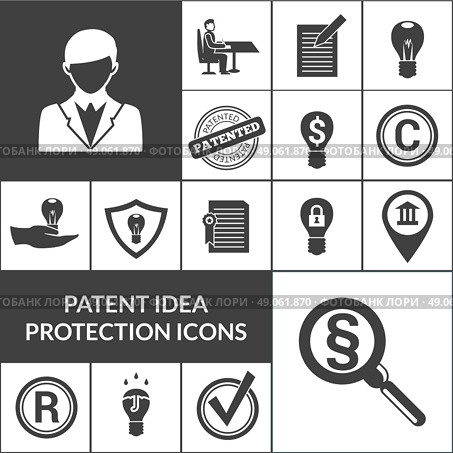 Patent idea protection and intellectual property icons black isolated vector illustration. Patent Idea Protection Icons Black. Стоковая иллюстрация, агентство Ingram Publishing / Фотобанк Лори