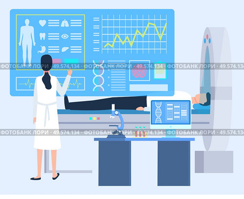 Patient lying in cardiogram, health diagnosis, board report of disease. MRI and woman doctor or nurse, microscope and computer on desktop, lab vector, computer tomografy CT, magnetic resonance imaging. Laboratory Tech, Patient Cardiogram, Clinic Vector. Стоковая иллюстрация, агентство Ingram Publishing / Фотобанк Лори