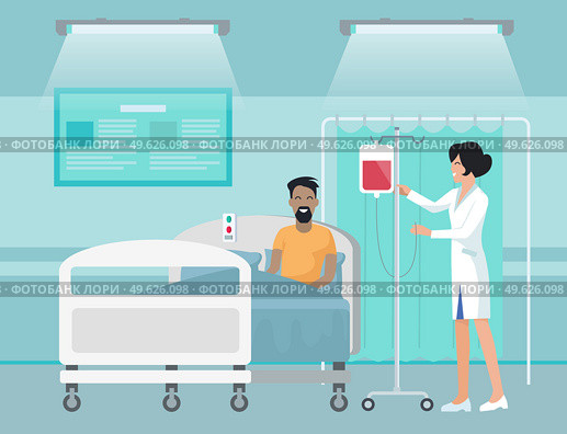 Patient making blood transfusion lying on bed in hospital. Nurse or medical assistant check pack with blood at rack. Therapy for young smiling man. Treatment in hospital. Medical healthcare concept. Patient making blood transfusion lying on bed in hospital, medical assistant check pack with blood. Стоковая иллюстрация, агентство Ingram Publishing / Фотобанк Лори