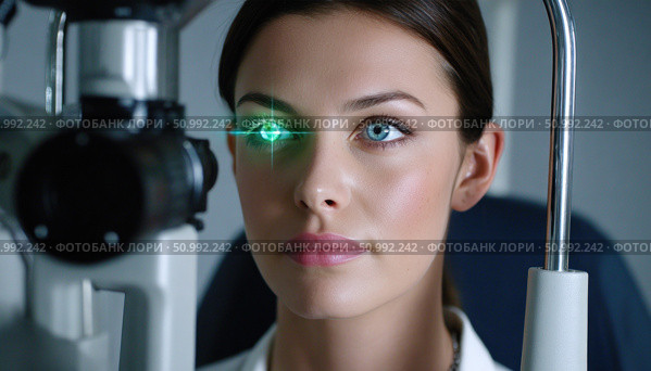 Patient undergoing eye examination with green laser light in ophthalmology clinic. Стоковое фото, фотограф Юрий Поздников / Фотобанк Лори