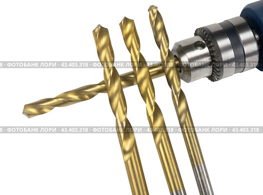 Патрон дрели и сверла на белом фоне. Cordless drill with twist bit closeup isolated on white. Стоковое фото, фотограф Татьяна Д / Фотобанк Лори