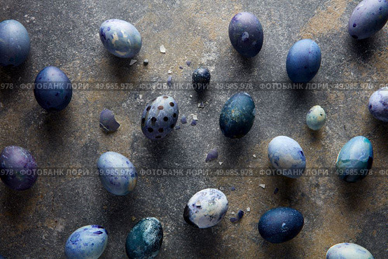 pattern of blue Easter eggs on a dark background with an eggshell. blue Easter eggs. Стоковое фото, агентство Ingram Publishing / Фотобанк Лори