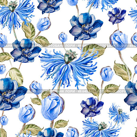 Pattern with watercolor realistic  anemon and poppy.  Illustration.. Pattern with watercolor realistic  anemon and poppy. Стоковое фото, агентство Ingram Publishing / Фотобанк Лори