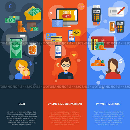 Payment paper vertical banner set with cash online mobile methods isolated vector illustration. Стоковая иллюстрация, агентство Ingram Publishing / Фотобанк Лори
