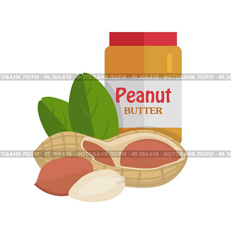 Peanuts with Peanut Butter.. Peanuts with peanut butter. Ripe peanut with leaves in flat. Peanut butter in plastic bank. Several brown peanut kernels. Healthy vegetarian food. Isolated vector illustration on white background. Стоковая иллюстрация, агентство Ingram Publishing / Фотобанк Лори