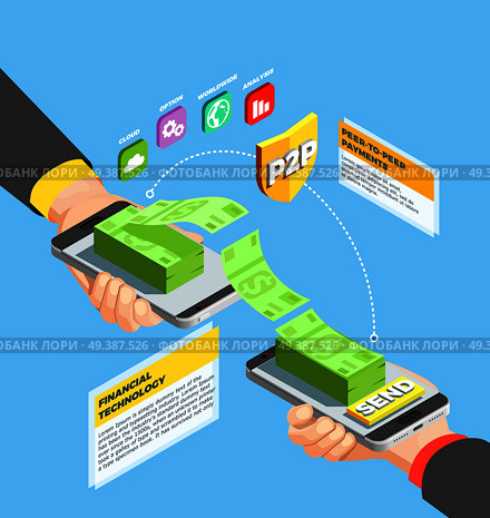 Peer to peer payments design concept with business partners committing transaction using mobile phones isometric vector illustration. Peer To Peer Payments Design Concept. Стоковая иллюстрация, агентство Ingram Publishing / Фотобанк Лори