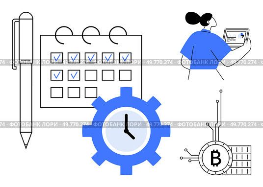 Pen and calendar with check marks, blue clock gear, person with laptop, and Bitcoin symbol. Ideal for productivity, time management, digital economy, cryptocurrency, and modern workspaces. Digital Productivity and Modern Technology in Workplace. Стоковая иллюстрация, агентство Ingram Publishing / Фотобанк Лори