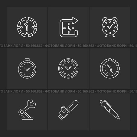 pen , education , saw , cutter , Watch , time , clock , alaram , day , timers , icon, vector, design,  flat,  collection, style, creative,  icons , setting , gear , . Стоковая иллюстрация, агентство Ingram Publishing / Фотобанк Лори