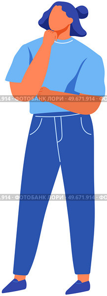 Pensive person thinking and solving problems. Serious thoughtful woman with hand on chin vector illustration. Full length portrait of unsure female character. Faceless girl thinks about something. Pensive female character thinking and solving problems. Serious thoughtful woman with hand on chin. Стоковая иллюстрация, агентство Ingram Publishing / Фотобанк Лори