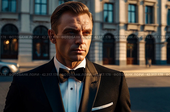 Pensive stylish man in tuxedo and bow tie posing at urban street, thought look. Portrait of confident fashionable young guy businessman in tux outside, lux image James Bond style. Copy ad text space. Стоковое AI-изображение, AI-художник Aleksandr Golubev / Фотобанк Лори