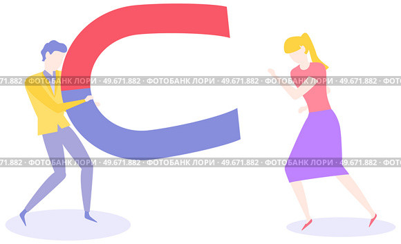 People analysing sales funnel with stages of customer behavior. Change in interest of client, magnet as symbol of attracting customer. Man and woman working with analysis of business market, marketing. People analyse sales funnel with stages of customer behavior, magnet as symbol of attracting client. Стоковая иллюстрация, агентство Ingram Publishing / Фотобанк Лори