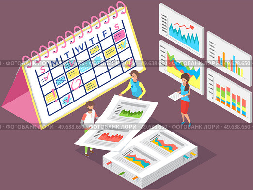 People analyze business success chart. Men stand next to calendar with goals and objectives. Young woman stands on background of banners with graph of work. Businesswoman communicates with colleagues. People analyze business success chart. Men stand next to calendar with goals and objectives. Стоковая иллюстрация, агентство Ingram Publishing / Фотобанк Лори