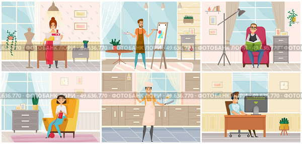 People and their creative and artistic hobbies series of cartoon characters doing their favorite things. Person enjoying leisure time and main activities, cooks, draws, reads, plays games and sews. People and their creative and artistic hobbies series of cartoon characters doing favorite things. Стоковая иллюстрация, агентство Ingram Publishing / Фотобанк Лори