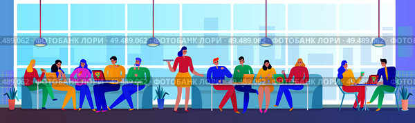 People eating pizza in bistro flat horizontal vector illustration. Стоковая иллюстрация, агентство Ingram Publishing / Фотобанк Лори