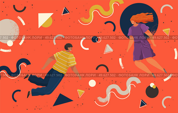 People flying in abstract imaginary space organizing geometric shapes. Young man and woman collecting figures. Teamwork and team building organization concept. Coworking and business partnership. People flying in abstract imaginary space organizing different geometric shapes. Teamwork concept. Стоковая иллюстрация, агентство Ingram Publishing / Фотобанк Лори