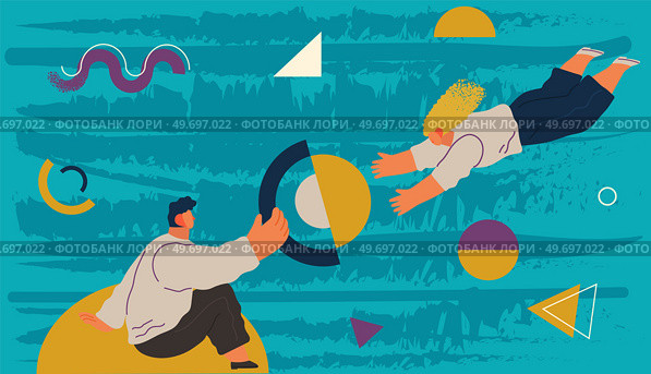 People flying in space vector flat illustration. Man and woman holding planet with dream universe. Concept of facing with new and unknown. Flying person exploring space and discovering mysteries. People flying in space vector flat illustration. Man and woman holding planet with dream universe. Стоковая иллюстрация, агентство Ingram Publishing / Фотобанк Лори