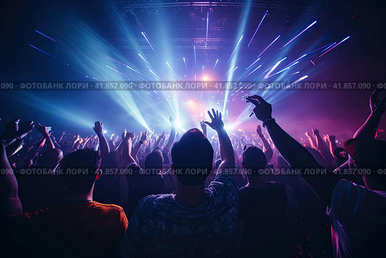 People from behind with their arms raised in the air dancing at a concert under neon lighting. Party. Стоковое AI-изображение, AI-художник Коханова Наталья / Фотобанк Лори