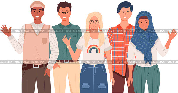 People greeting gesture. Different nations representatives waving hand saying hi. Men, women say hello. People waving hands and gesturing in friendly way. Characters wave their hand and say welcome hi. People greeting gesture. Different nations representatives waving hand saying hello. Стоковая иллюстрация, агентство Ingram Publishing / Фотобанк Лори