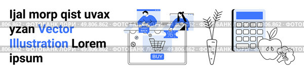 People interacting with an online shopping interface. Carrot, apple, and calculator highlight healthy living and budgeting. Ideal for e-commerce, diet planning, budgeting, digital marketing, online. People Shopping Online, Salad Ingredients, and Calculator Concept for E-commerce and Healthy Living. Стоковая иллюстрация, агентство Ingram Publishing / Фотобанк Лори