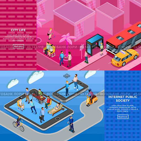 People Isometric Banners. People isometric banners with members of internet public society and city life illustration on textural backgrounds isolated vector illustration. Стоковая иллюстрация, агентство Ingram Publishing / Фотобанк Лори