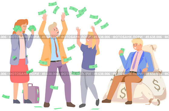 People jump and enjoy wealth. Successful characters have fun in rain of money. Banknotes, dollars are falling on rich women and men. Businesspeople scatter money. Enjoyment of success and wealth. People jump and enjoy wealth. Successful characters have fun in rain of money, banknotes, dollars. Стоковая иллюстрация, агентство Ingram Publishing / Фотобанк Лори