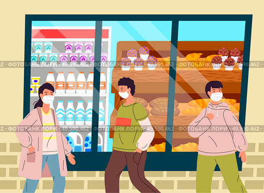 People making panic during viral pandemic and go to shopping mall to make food supplies. Concept of coronavirus 2019. Man and woman keep rules of quarantine and wearing face medical masks in public place. Young people in face medical masks making panic during viral epidemic going to shopping mall. Стоковая иллюстрация, агентство Ingram Publishing / Фотобанк Лори