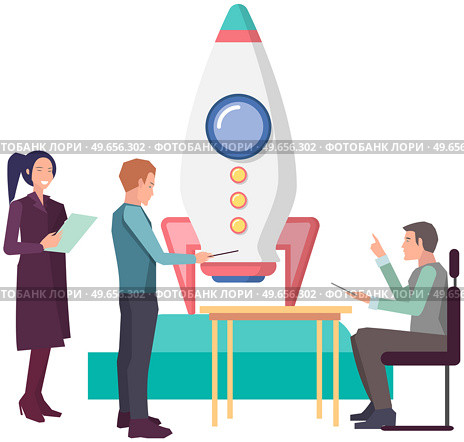 People prepare rocket for launch. Colleagues launching project startup. Creation of new creative idea, startup with rocket launch. Businesspeople work with development of successful strategy. Creation of new startup with rocket launch. People work with development of successful strategy. Стоковая иллюстрация, агентство Ingram Publishing / Фотобанк Лори