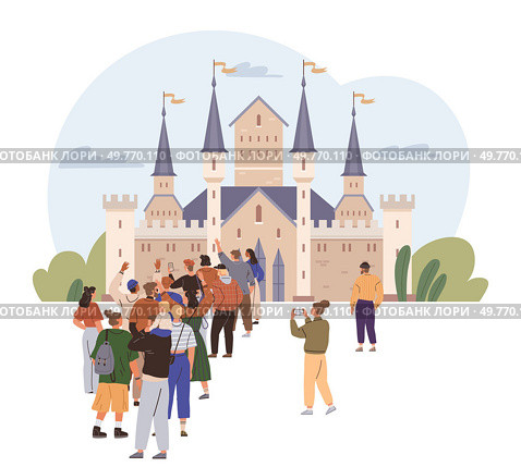 People standing in line to enter a large medieval castle with towers and flags. Ideal for travel content, historical themes, family outings, tourism guides, and educational materials. Flat design. Tourists Waiting to Enter a Castle A Day of Exploration and Adventure. Стоковая иллюстрация, агентство Ingram Publishing / Фотобанк Лори